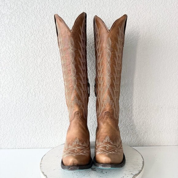 Lane LEXINGTON Knee High Womens Cowboy Boots 7.5 Brown Western Cowgirl Lace Up - Picture 5 of 11
